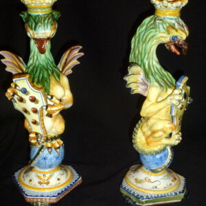 Near Pair Italian Majolica Candle Sticks.